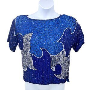 VINTAGE IN FASHIONS BLUE BEADED, PEARL, SEQUIN SHORT SLEEVE SILK TOP - S